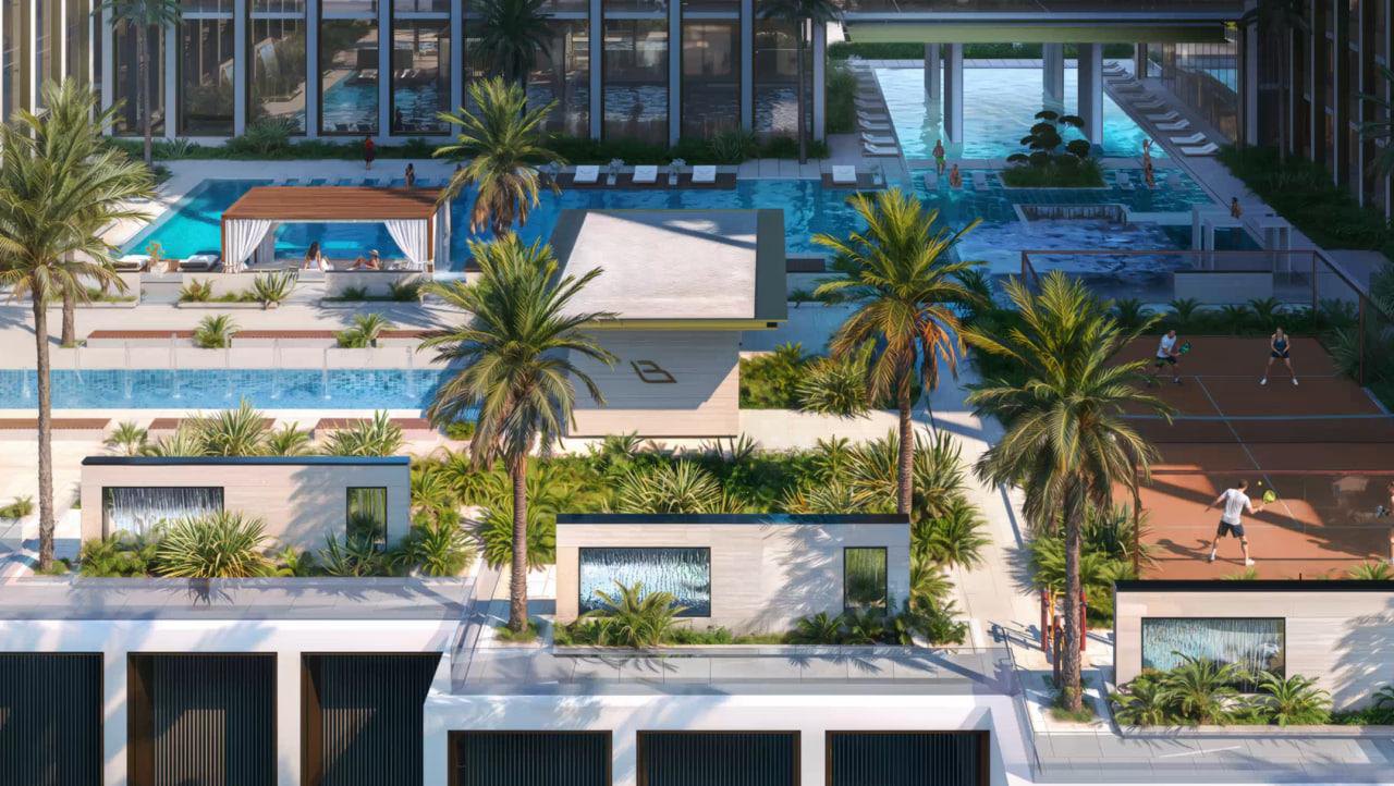 Padel court and pool terraces on the podium
