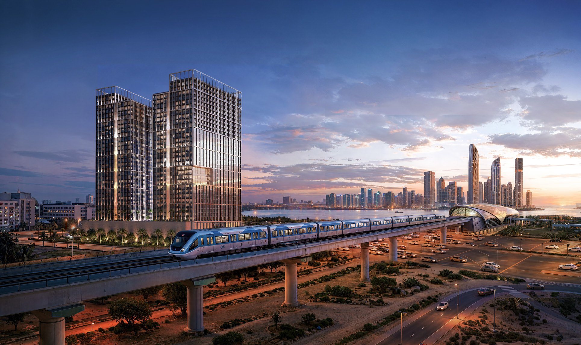 Dubai Metro Green Line passing Binghatti Spectre